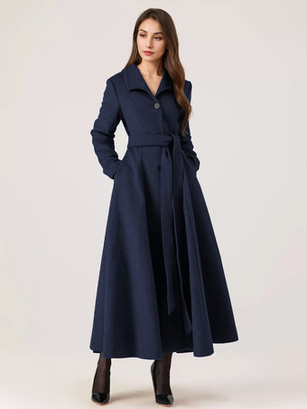 ダークネイビーロングウールフレアコート グレー ベルト付き 冬 フルレングス アウターウェア レディース 2025