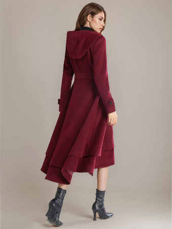 女性用ウールフレアコート フード付き ベルト付き Aライン ヴィンテージ 冬 ミディ丈 アウターウェア 2025