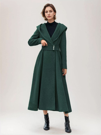 グリーン 女性用フレアウールコート フード付き グレー ベルト付き Aライン 冬用ロングアウター 2025