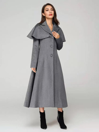 グレイウール混紡コート ケープ付き クラシックラペル エレガント キャメル 冬用ロングアウター レディース 2025