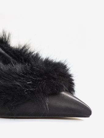 ブラックハイヒール フェイクフェザー ポインテッドトゥ スティレットヒール ミュール