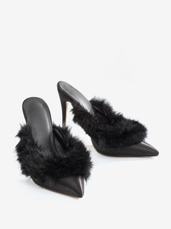 ブラックハイヒール フェイクフェザー ポインテッドトゥ スティレットヒール ミュール