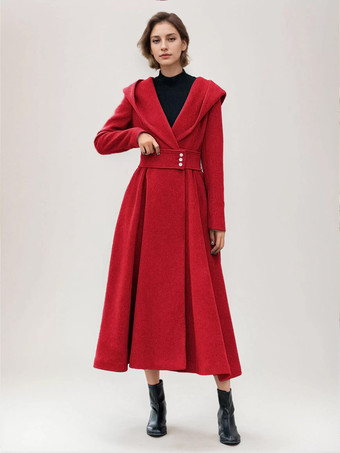 レッド 女性用フレアウールコート フード付き グレー ベルト付き Aライン 冬用ロングアウター 2025