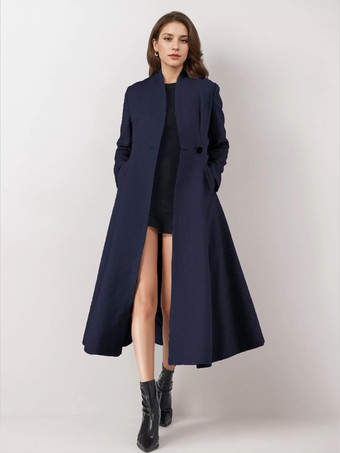 ダークネイビーウールブレンドフレアコート レディース ワンボタン グレー Aライン 冬 ミディ丈 アウターウェア 2025