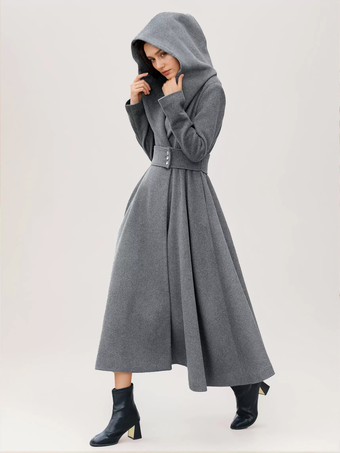 女性用フレアウールコート フード付き グレー ベルト付き Aライン 冬用ロングアウター 2025