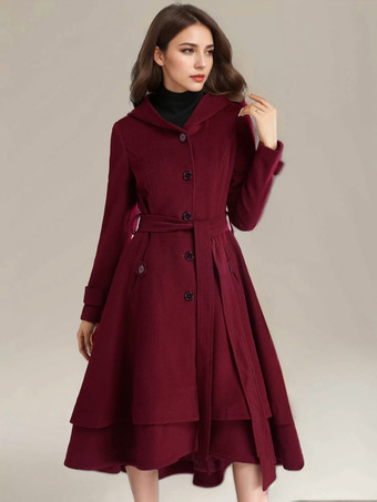 女性用ウールフレアコート フード付き ベルト付き Aライン ヴィンテージ 冬 ミディ丈 アウターウェア 2025