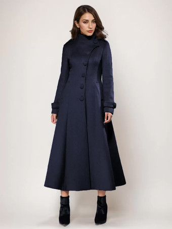 ダークネイビーウールブレンドロングコート Aライン フレア スタンドカラー エレガント グレー ヴィンテージ 冬アウターウェア レディース 2025