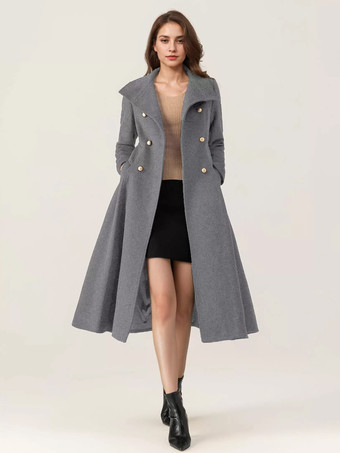 グレイ女性用ウールフレアコート スタンドカラー ダークネイビー ヴィンテージ ダブルブレスト 冬 ミディ丈 アウターウェア 2025