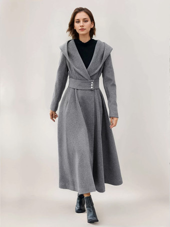 女性用フレアウールコート フード付き グレー ベルト付き Aライン 冬用ロングアウター 2025