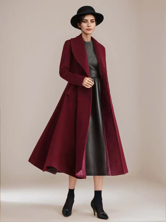 バーガンディ ウール フレアコート ヴィンテージ ショールカラー ダブルブレスト 冬 Aライン アウターウェア レディース 2025