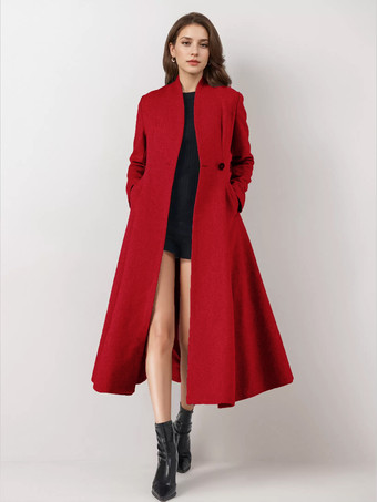 レッド ウールブレンドフレアコート レディース ワンボタン グレー Aライン 冬 ミディ丈 アウターウェア 2025