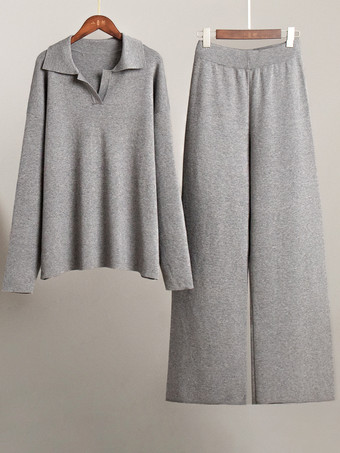 女性用ニットパンツセットドロップショルダープルオーバーとワイドレッグパンツ