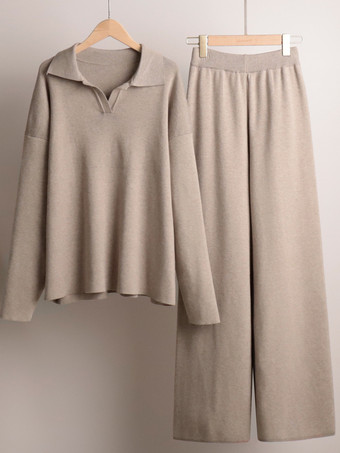 女性用ニットパンツセットドロップショルダープルオーバーとワイドレッグパンツ