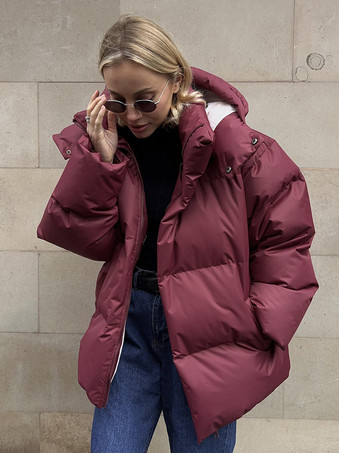 ワインレッド コットン パファー ジャケット フード付き 冬用 キルティング ゆったり アウター レディース 2026