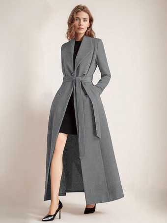 グレイマキシウールコート レディース ダブルブレスト ラージラペル ベルト付き Aライン フルレングス 冬アウター 2025
