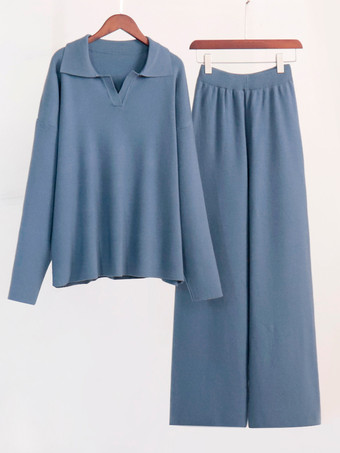女性用ニットパンツセットドロップショルダープルオーバーとワイドレッグパンツ