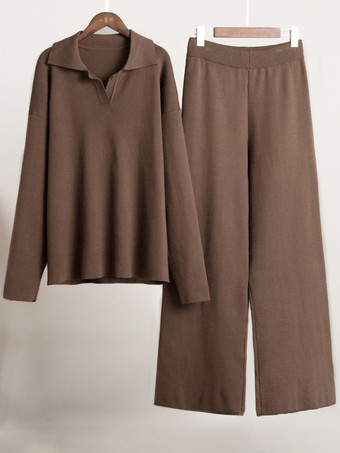 女性用ニットパンツセットドロップショルダープルオーバーとワイドレッグパンツ