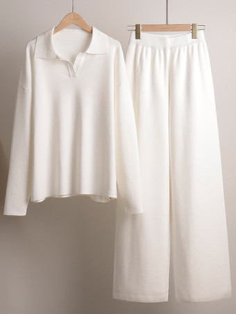 女性用ニットパンツセットドロップショルダープルオーバーとワイドレッグパンツ