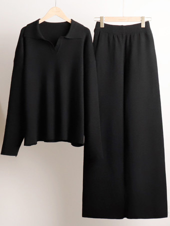 女性用ニットパンツセットドロップショルダープルオーバーとワイドレッグパンツ