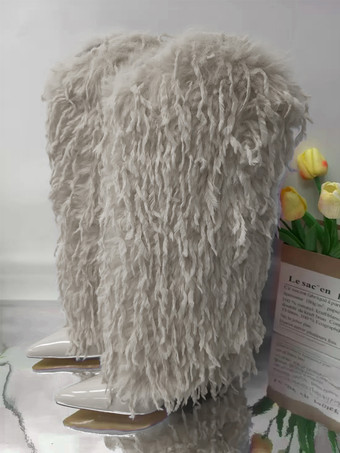 ライトグレーブラックフェイクフェザーニーハイブーツレディースポインテッドトゥハイヒールブーツ