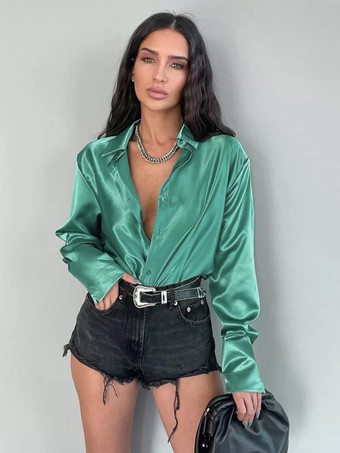 グリーン 長袖ブラウス ボタン ビジネスカジュアル 春秋 ブラウス 無地