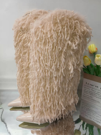 ライトブラウンブラックフェイクフェザーニーハイブーツレディースポインテッドトゥハイヒールブーツ