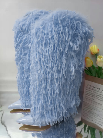 ライトスカイブルーブラックフェイクフェザーニーハイブーツレディースポインテッドトゥハイヒールブーツ