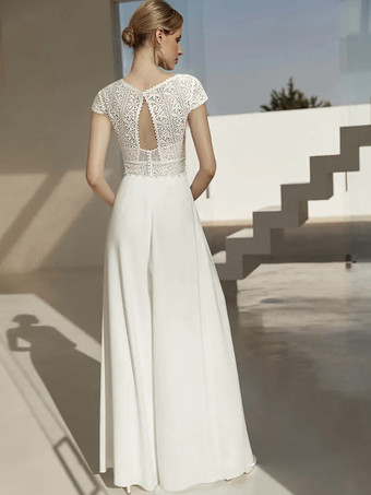 ブライダルジャンプスーツ レース フロアレングス ジャンプスーツ Vネック 半袖 ナチュラルウエスト アイボリー