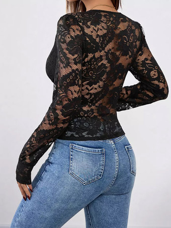 長袖Tシャツ ブラック レース レイヤード カットアウト Vネック レディース Tシャツ
