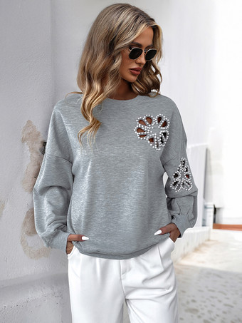 グレイレディース プルオーバー グレー カットアウト 幾何学模様 ジュエルネック 長袖 レイヤード ポリエステル セーター