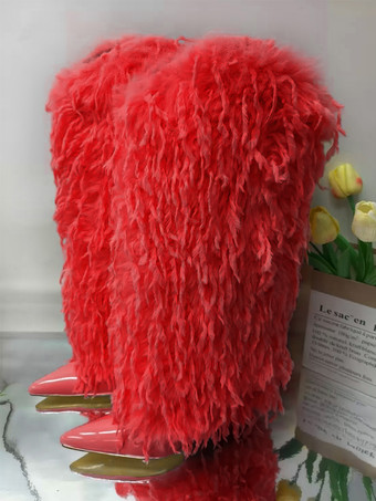 レッド ブラックフェイクフェザーニーハイブーツレディースポインテッドトゥハイヒールブーツ