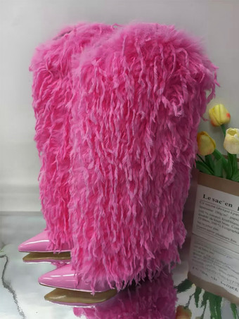 ローズレッドブラックフェイクフェザーニーハイブーツレディースポインテッドトゥハイヒールブーツ