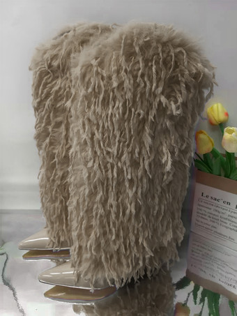 ブラウンブラックフェイクフェザーニーハイブーツレディースポインテッドトゥハイヒールブーツ