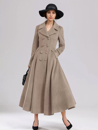 ラクダ色 ウール混フレアコート レディース ダークネイビー ダブルブレスト ワイドラペル Aライン 冬アウター 2025