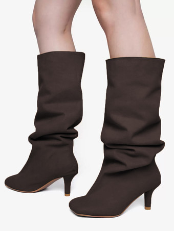 ダークブラウスエードニーハイブーツ ワイドカーフ レディース スクエアトゥデザイン ハイヒールブーツ