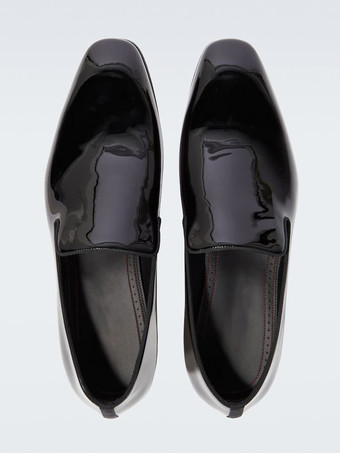 メンズ スリッポン ローファー ラウンドトゥ ブラック パテント プロム ウェディングシューズ