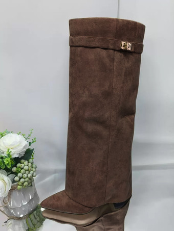 ダークブラウスエードニーハイブーツ アプリコット ポインテッドトゥ バックルディテール ジップアップ チャンキーヒールブーツ