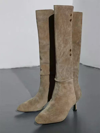 ラクダ色 スエードミッドカーフブーツデザインポインテッドトゥキトンヒールスラウチブーツ