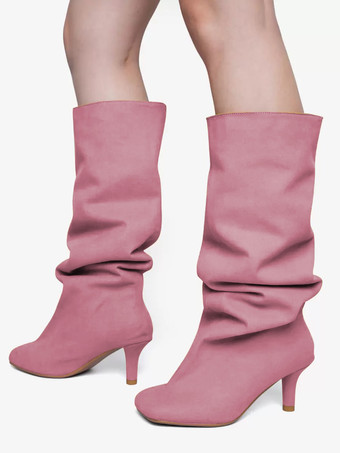 ピンクスエードニーハイブーツ ワイドカーフ レディース スクエアトゥデザイン ハイヒールブーツ