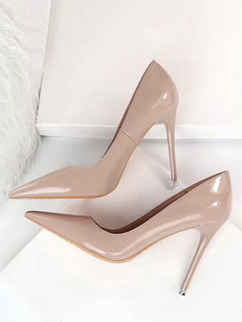 肌色ハイヒール ポインテッドトゥ パンプス 靴の甲の素材：パテント PU ホワイト 10.5cm スリップオン ピンヒール シューズ 無地 レディース靴 結婚式 二次会 通勤用 仕事 キャバ 卒園式
