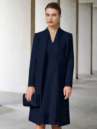 ダークネイビー花嫁の母親のためのパーティードレス Vネック 長袖 Aライン 結婚式用ゲストドレス 無料カスタマイズ