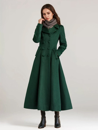 グリーン ウール混フレアコート レディース ダークネイビー ダブルブレスト ワイドラペル Aライン 冬アウター 2025