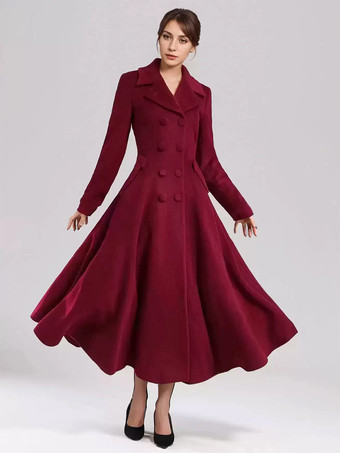 ワインレッド ウール混フレアコート レディース ダークネイビー ダブルブレスト ワイドラペル Aライン 冬アウター 2025
