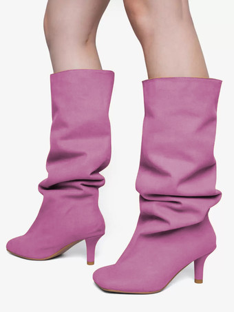 スエードニーハイブーツ ワイドカーフ レディース スクエアトゥデザイン ハイヒールブーツ