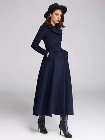 ウール混フレアコート レディース ダークネイビー ダブルブレスト ワイドラペル Aライン 冬アウター 2025