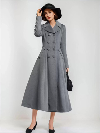 グレイウール混フレアコート レディース ダークネイビー ダブルブレスト ワイドラペル Aライン 冬アウター 2025