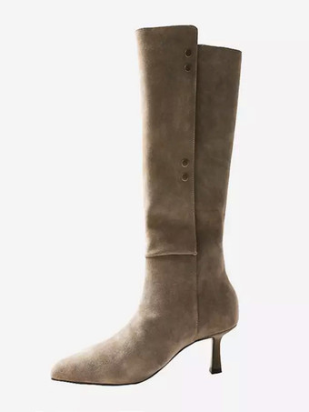 スエードミッドカーフブーツデザインポインテッドトゥキトンヒールスラウチブーツ