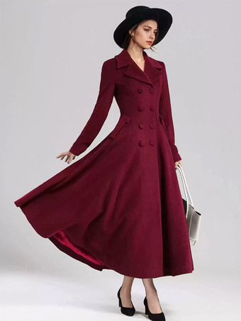 ウール混フレアコート レディース ダークネイビー ダブルブレスト ワイドラペル Aライン 冬アウター 2025