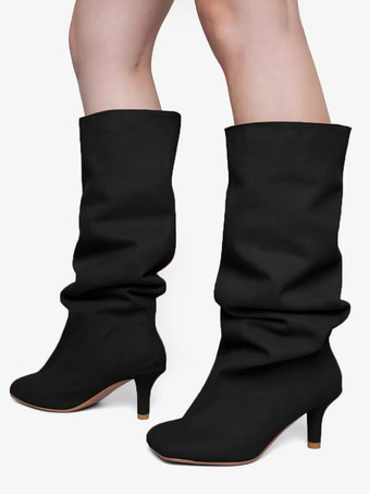 ブラック スエードニーハイブーツ ワイドカーフ レディース スクエアトゥデザイン ハイヒールブーツ