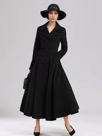 ブラック ウール混フレアコート レディース ダークネイビー ダブルブレスト ワイドラペル Aライン 冬アウター 2025